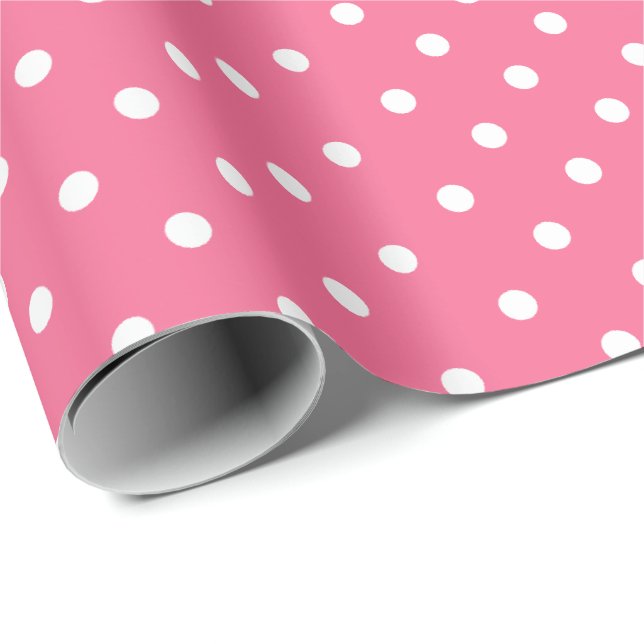 Cadeau Rose rose | Papier blanc à enveloppement à points  (Coin rond)