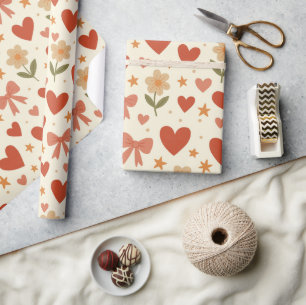 Cadeau Rouleau de papier d'emballage Fleurs Cœurs & Nœuds