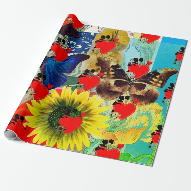 Cadeau Saint Valentin COEUR ET FLEURS papier enveloppant (Déroulé)