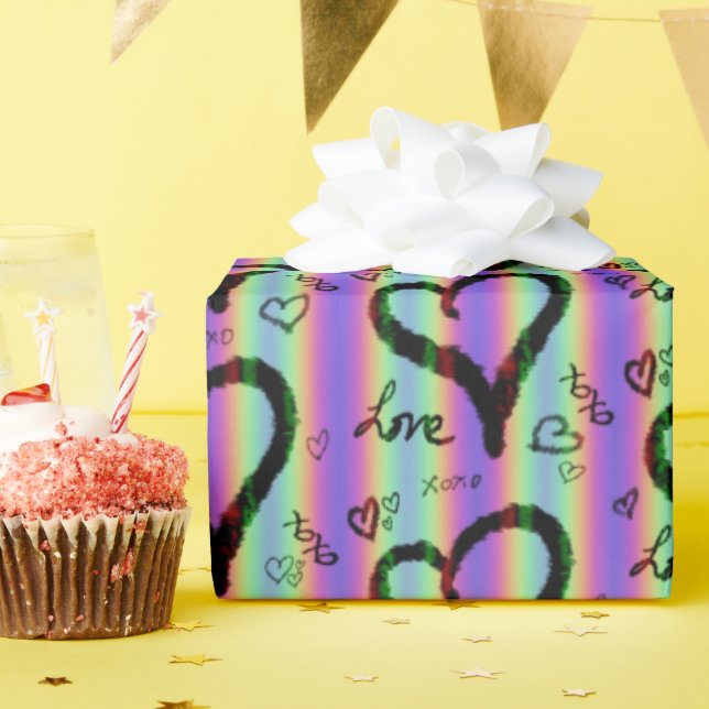 Cadeau Scribble Love Xoxo Heart Stripe Wrappe Papier (Fête d'anniversaire)