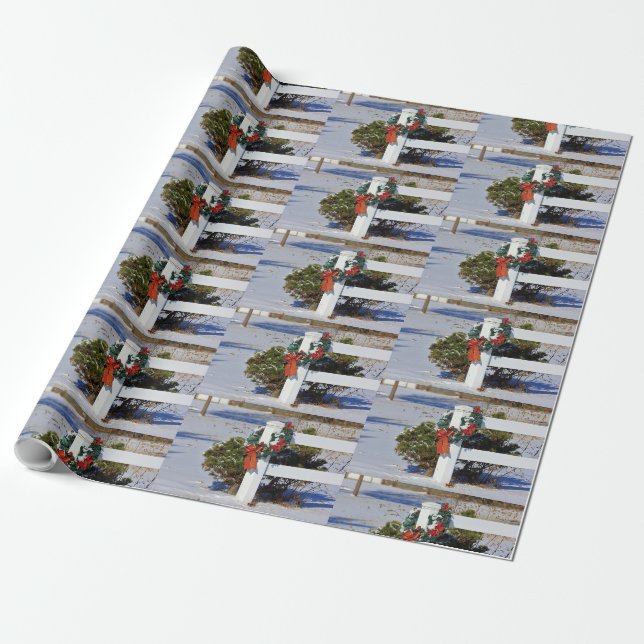 Cadeau Serre de Noël et clôture blanche Papier d'envelopp (Déroulé)