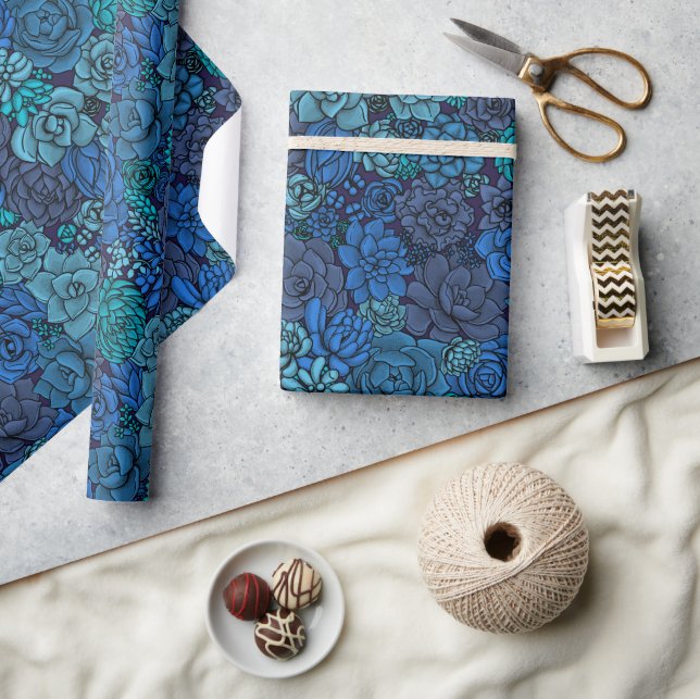 Cadeau Succulents dans du papier d'emballage bleu (Artisanat)