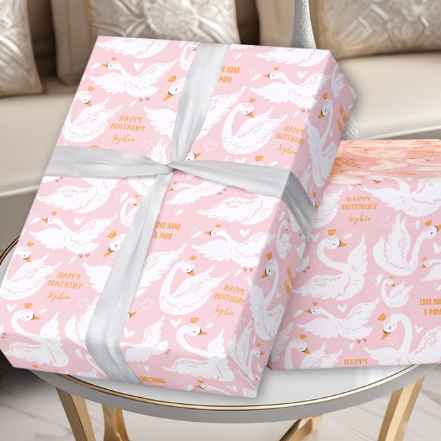 Cadeau Swan Girl Anniversaire Nom Pink Wrapper Papier (Swan Girl Birthday Name Pink Wrapping Paper)