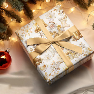 Cadeau Symboles de Noël or et blanc Papier d'enveloppemen