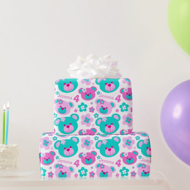Cadeau Teddy ours fleurs 4e anniversaire nom papier cadea (Cadeaux de fête)