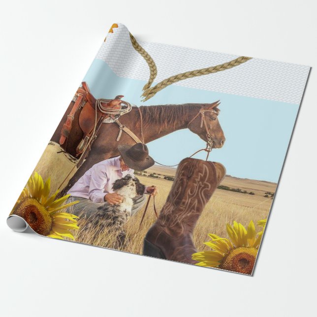 Cadeau Tournesol Cowboy Papier d'enveloppement de matte (Déroulé)
