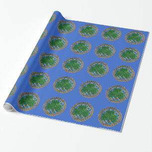 Cadeau Trèfle Bleu sur Papier d'Emballage à Nœuds Celtiqu