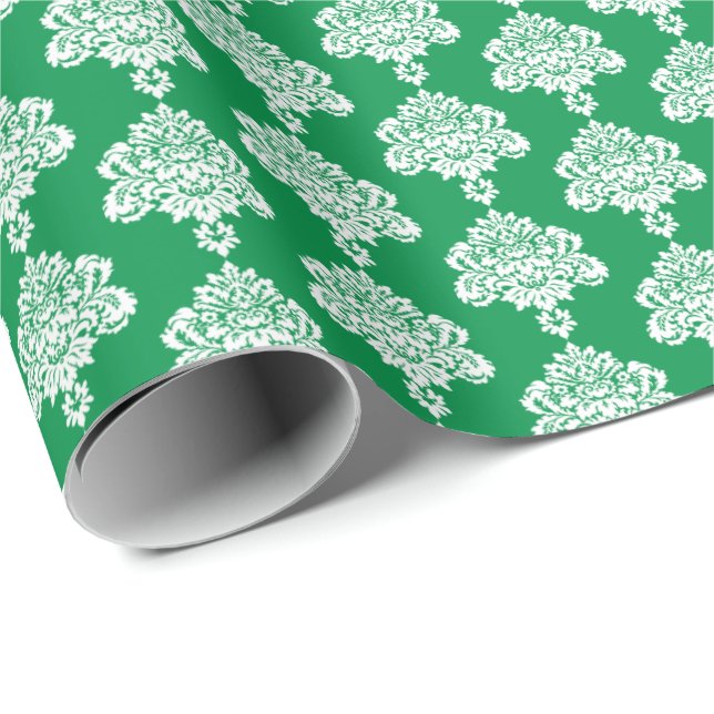 Cadeau Vert herbe | Papier blanc à enveloppement de Damas (Coin rond)