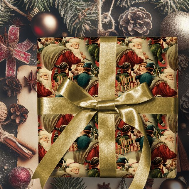 Cadeau Vintage Père Noël Joyeux papier d'enveloppement de (vintage Santa Claus merry Chistmas gift wrap. Retro Christmas wrapping paper)