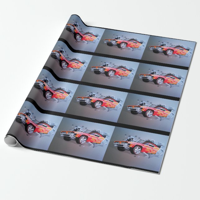 Cadeau Voiture S'Écrasant À Travers Du Papier D'Enveloppe (Déroulé)