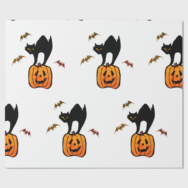 CADEAU WRAPPER PAPIER GRAVE CHAT AVEC CITROUILLE ET BATS (Plat)