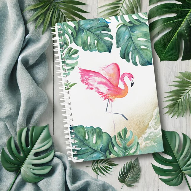 Cadeaux de Flamant rose rose tropical (Tropical planner with watercolor pink flamingo and palm leaves art by Victoria Grigaliunas)