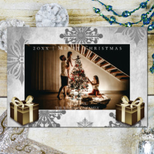 Cadeaux de Noël en or et Carte photo de flocons de