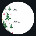 Cadeaux Étiquettes avec Dancing Green Christmas Tr<br><div class="desc">Les arbres de Noël entrecoupés de flocons de neige rouges semblent danser à gauche de ce dessin. Les mots "À :" et "De :" ont été placés dans des espaces appropriés afin que vous puissiez écrire vos noms de donateur et de destinataire lorsqu'ils sont placés sur vos colis. Les modèles...</div>