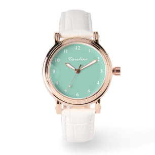 Cadran turquoise personnalisé cuir blanc montre fe