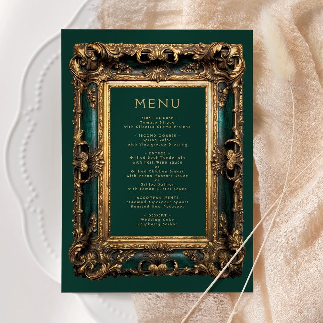 Cadre Ancien Menu de Mariage Vert Émeraude Or (Créateur téléchargé)