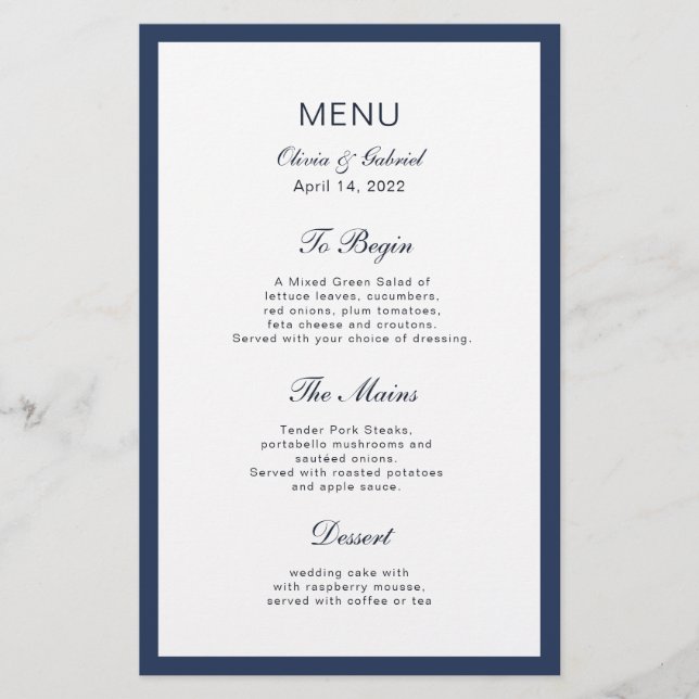 Cadre bleu marine classique. Menu de mariage éléga (Devant)