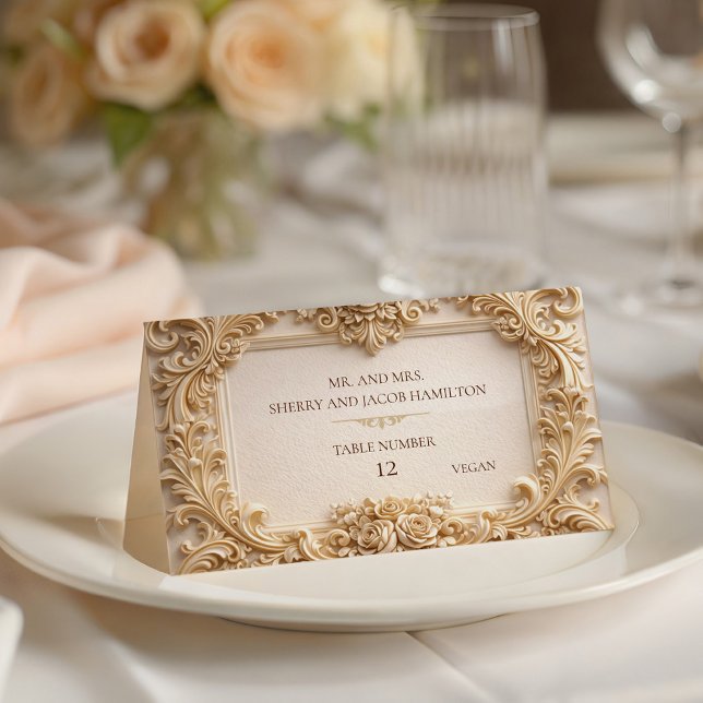Cadre de monogramme baroque or Carte de placement  (Gold Baroque Monogram Frame Ivory Place Card)