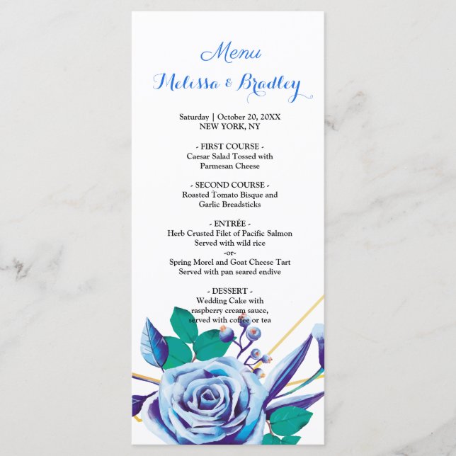 Cadre d'or géométrique Flore bleue Mariage Menu (Devant)