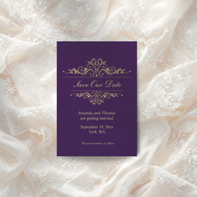 Cadre doré violet enregistrer la carte de date (Créateur téléchargé)