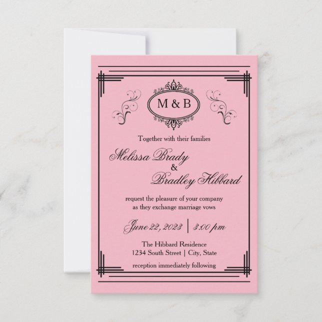 Cadre doublé de rose - Faire-part de mariage 3x5 (Devant)