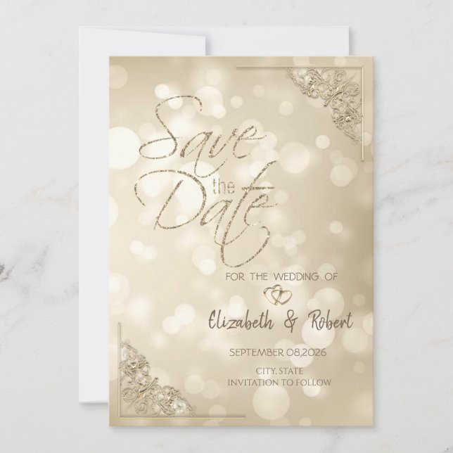 Cadre élégant à coeurs dorés Bokeh Save The Date (Devant)