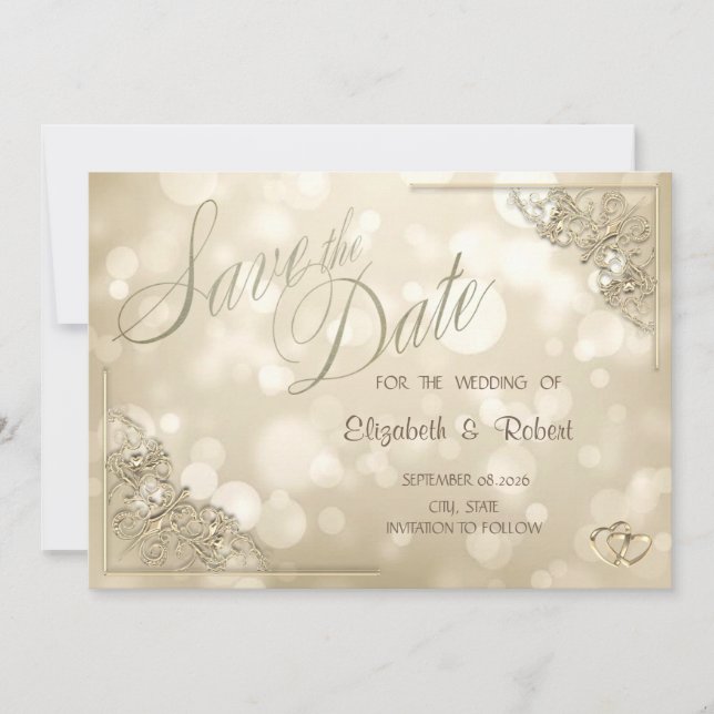 Cadre élégant à coeurs dorés Bokeh Save The Date (Devant)