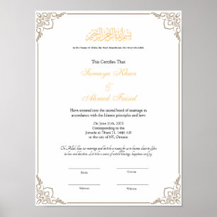 Cadre élégant affiche de certificat de nikkah musu