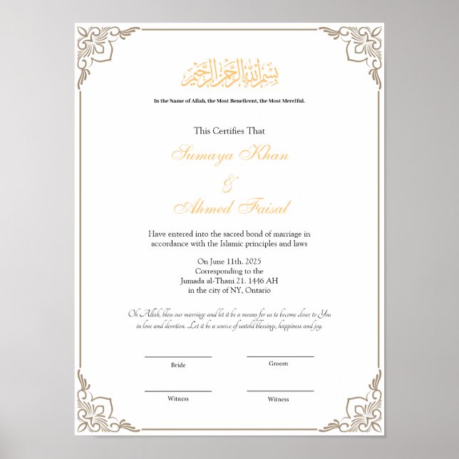 Cadre élégant affiche de certificat de nikkah musu (Devant)