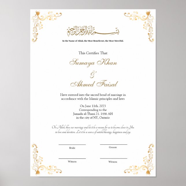 Cadre élégant affiche de certificat de nikkah musu (Devant)
