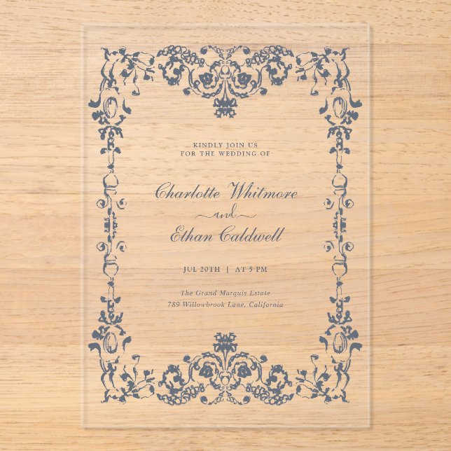 Cadre élégant baroque Mariage Invitation Acrylique (Recto)