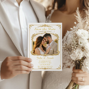 Cadre élégant en or, carte photo de mariage "Save 