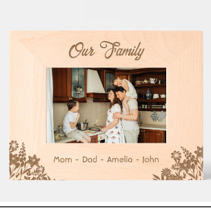 Cadre en bois avec date et noms de famille Fleurs 