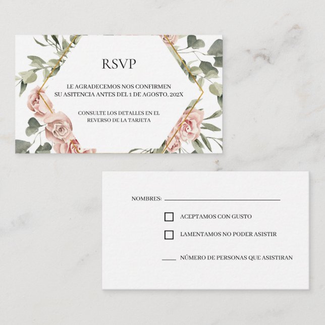 Cadre en or avec carte RSVP quinceañera rose (Devant / Derrière)