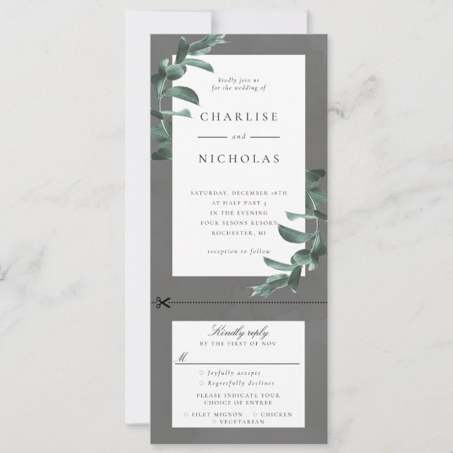 Cadre Eucalyptus sur faire-part de mariage gris av (Devant)