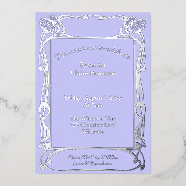 Cadre floral Art nouveau élégant Foil Invitation (Recto)