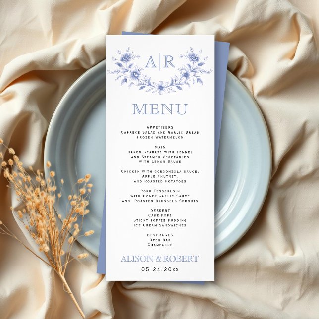 Cadre floral bleu avec carte menu mariage monogram (Créateur téléchargé)