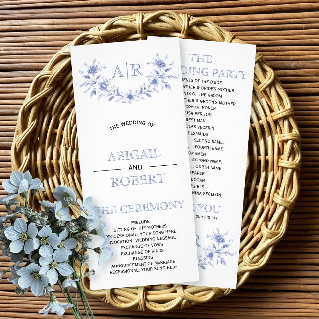 Cadre floral bleu avec programme de mariage monogr (Créateur téléchargé)