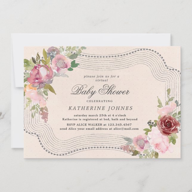 cadre floral rustique baby shower virtuel invitati (Devant)