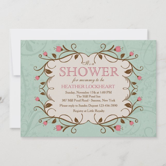 Cadre floral sur invitation rose (Devant)