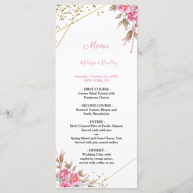 Cadre géométrique or Menu de mariage floral rose (Devant)