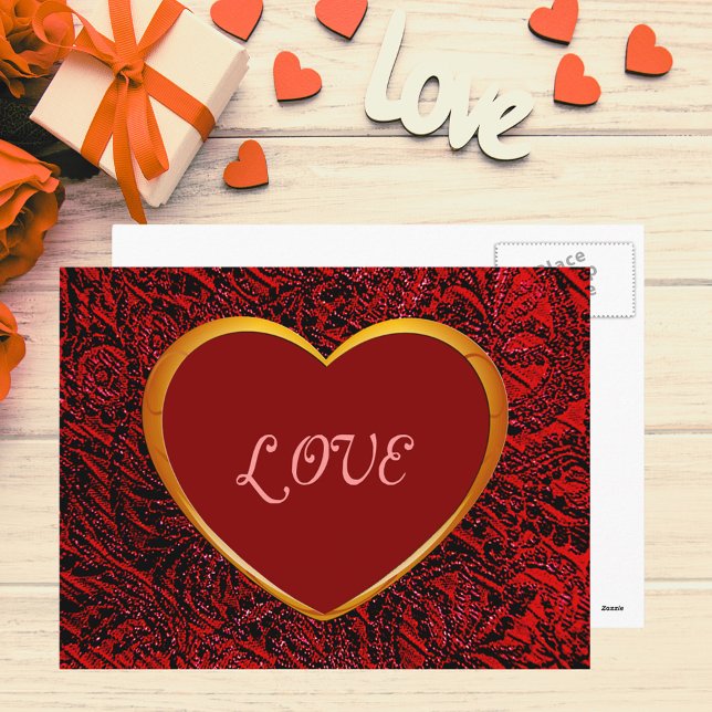 Cadre Gold Heart Love avec carte postale en tissu  (Gold Heart Love Frame with Red Fabric Postcard)