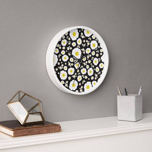 Cadre Horloge en Bois avec Coquelicots Blancs (Bureau)