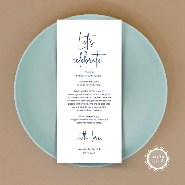 Cadre moderne Cadre Dîner Carte de remerciements (Let's Celebrate, Wedding Dinner Place Setting Thank You Card, Modern Plate Decor, in Navy Blue)