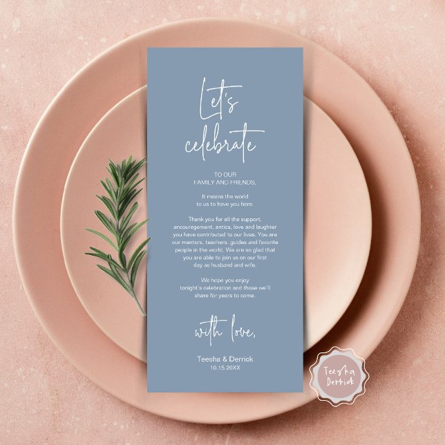 Cadre moderne Cadre Dîner Carte de remerciements (Let's Celebrate, Wedding Dinner Place Setting Thank You Card, Modern Plate Decor, in Dusty Blue)