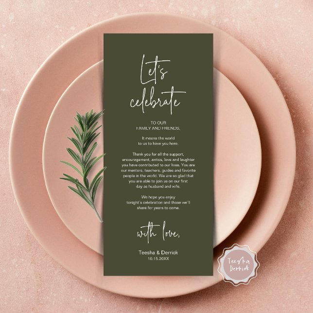 Cadre moderne Cadre Dîner Carte de remerciements (Let's Celebrate, Wedding Dinner Place Setting Thank You Card, Modern Plate Decor, Olive Green)