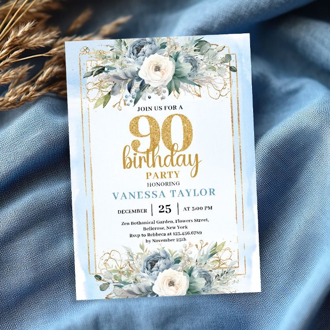 Cadre Moderne Or Bleu Poussiéreux Invitation 90e A (Dusty Blue Gold Frame Modern 90th Birthday Invite)