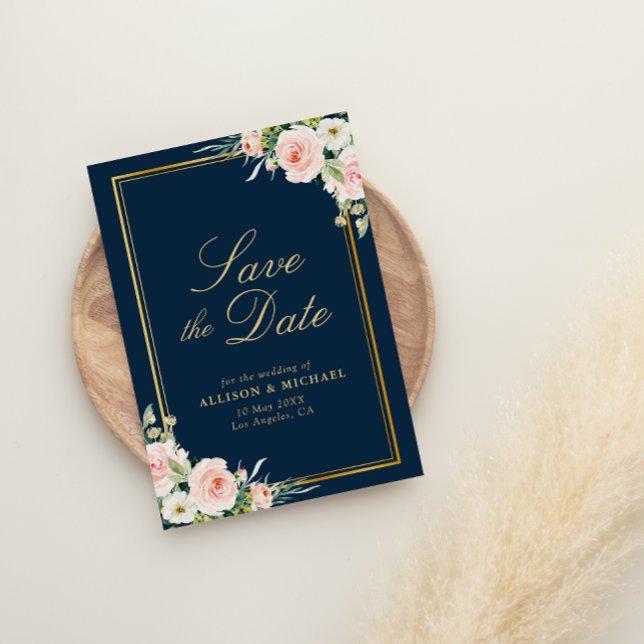 cadre or bleu marine floral enregistrer la carte d (Créateur téléchargé)