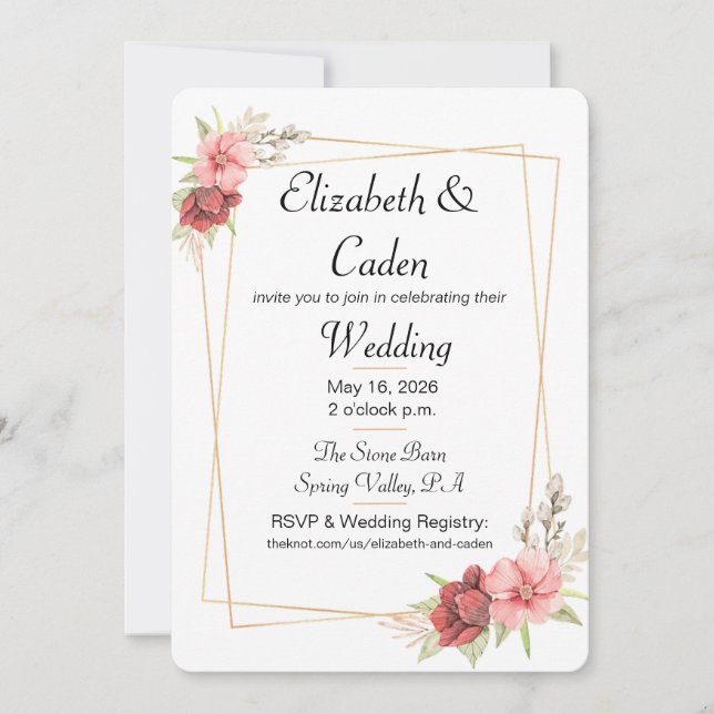 Cadre or et faire-part de mariage florale rose (Devant)