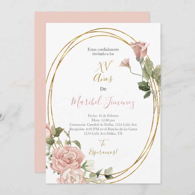 Cadre ovale Quinceanera invitation en espagnol (Devant / Derrière)